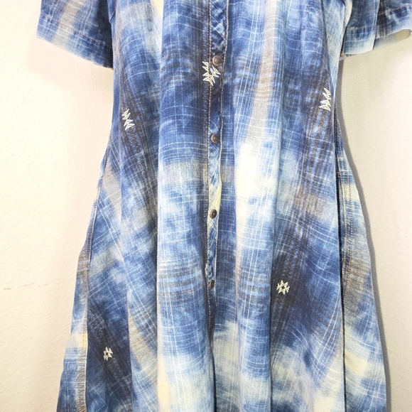 Ryan Michael Denim Western Shirt Dress Blue Tie Dye Plaid Button Down M - Picture 3 of 12